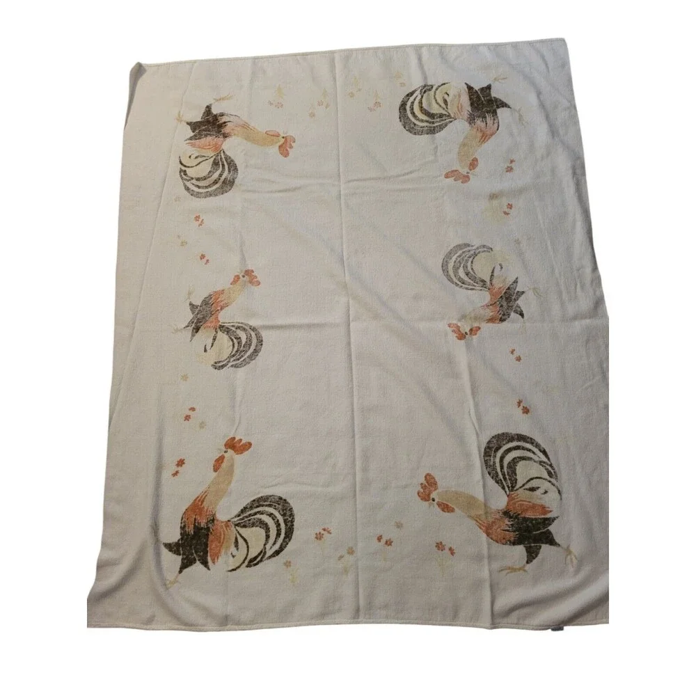 Vintage California Hand Prints Terry Tablecloth Roosters READ